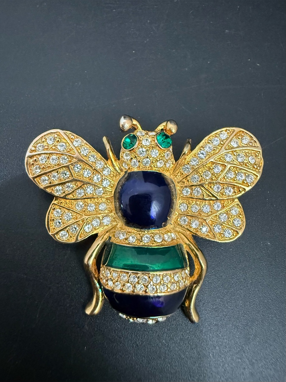 Unsigned Gold-tone Pave Crystal Green & Blue Striped Bee Brooch